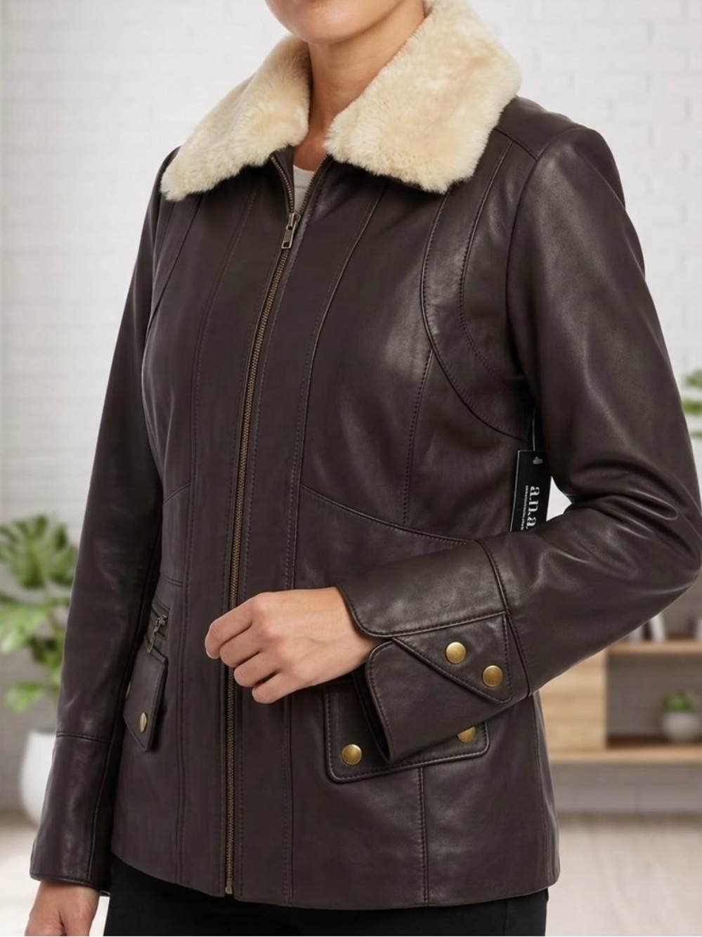 NWT a.n.a. Genuine Lambskin Leather Jacket Faux Fur Collar Brown XL